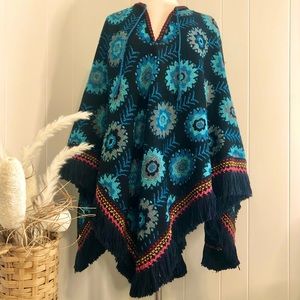Vintage Tapestry Boho Fringe Floral Poncho Cape